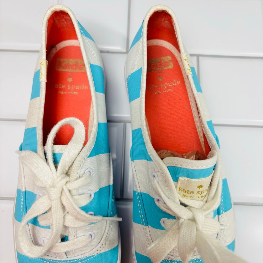 Keds X Kate Spade Cabana Stripe‎ Platform Sneakers Women 7 White Blue Nautical - Picture 9 of 14